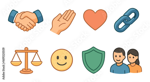 Friendship and support flat icons set. featuring handshake, helping hand, heart, link, balance, smiley, shield, community symbols.