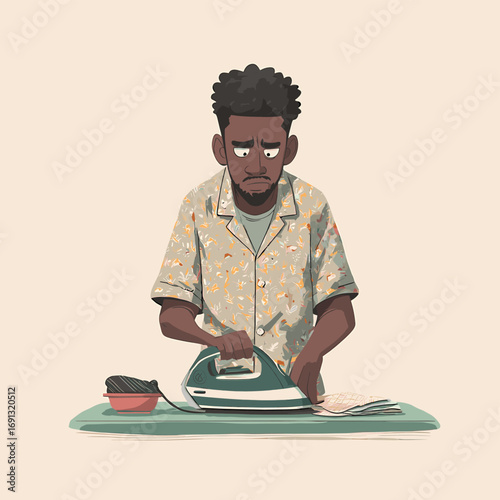 A man ironing clothes with an expression of worry. He appears to be focused on the task at hand.