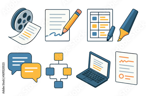 Office supplies flat icon set. featuring movie reel, notebook, schedule, highlighter, chat, workflow, laptop, document icons.