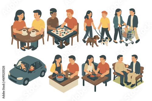 Family activities flat icon set. featuring dinner, board game, shopping, driving, cooking, conversation.