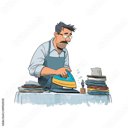 A man ironing clothes at a table, dressed in an apron with glasses. The image conveys a sense of domesticity and everyday life