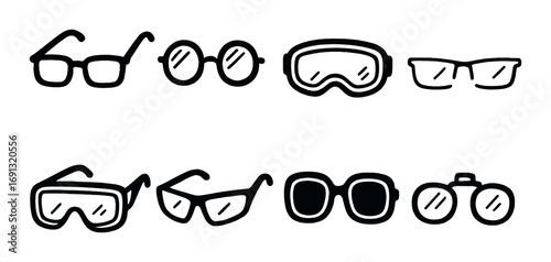 Eyewear silhouette icon set. featuring glasses, goggles, and sunglasses symbols.