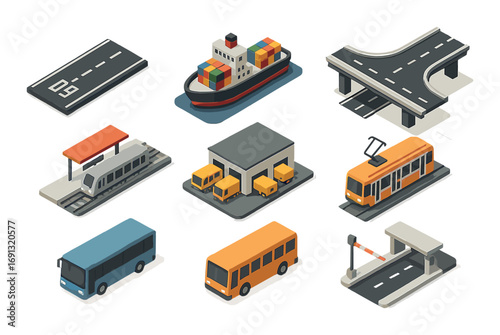 Transportation isometric icon set. featuring road, ship, bridge, train, garage, tram, bus, and barrier symbols.