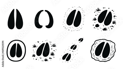 Animal tracks silhouette icon set. featuring deer, moose, boar, sheep, and antelope tracks.