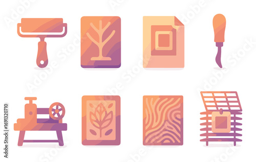 Art and craft silhouette icon set. featuring roller, tree, presentation, chisel, lathe, leaf, pattern, solar panel, chip.