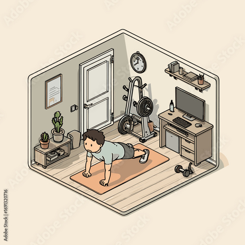 A man exercising in home gym and home office. The man is doing pushups on the mat, there are some machines and working table in the room
