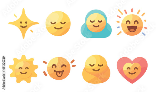 Emoji flat icon set. featuring star, calm, meditation, joy, sunshine, playful, hug, and love symbols.