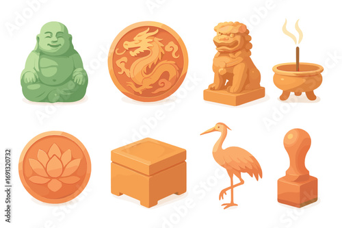 Asian culture symbols flat icon set. featuring buddha, dragon, lion, incense, lotus, box, crane, and seal.