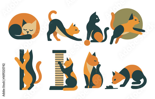 Cat behaviors silhouette icon set. featuring stretching, playing, pouncing, sleeping, and eating.