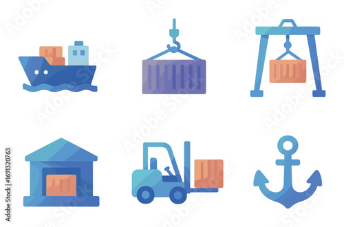 Shipping and logistics neon silhouette icon set. featuring ship, crane, container, warehouse, forklift, anchor.