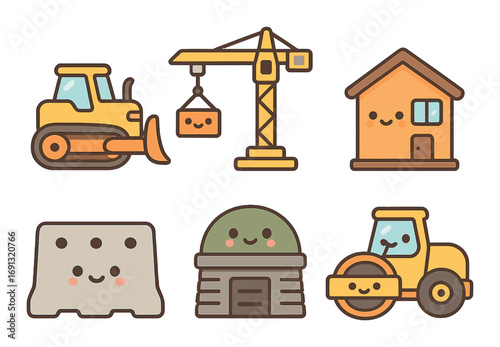 Construction and building flat icon set. featuring bulldozer, crane, house, barrier, mixing tank, steamroller icons.