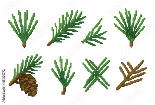Nature silhouette icon set. featuring pine needle branches, cone, green foliage, and forest elements.