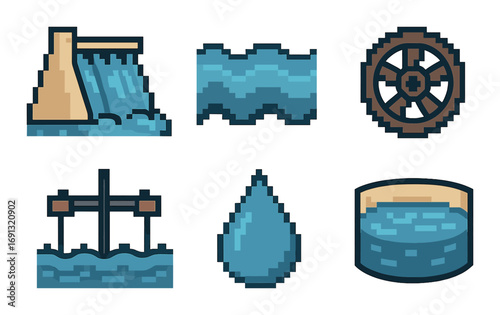 Water resources pixel icon set. featuring dam, river, waterwheel, sluice, droplet, reservoir symbols.