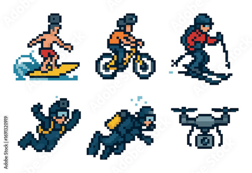 Outdoor activities pixel art icons set. featuring surfboard, bicycle, skateboard, skydiving, scuba diving, drone.