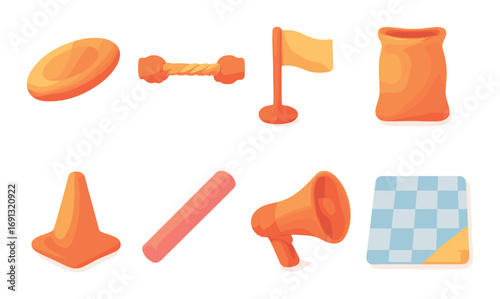 Outdoor games silhouette icon set. featuring frisbee, dumbbell, flag, sack, cone, baton, megaphone, and mat symbols.