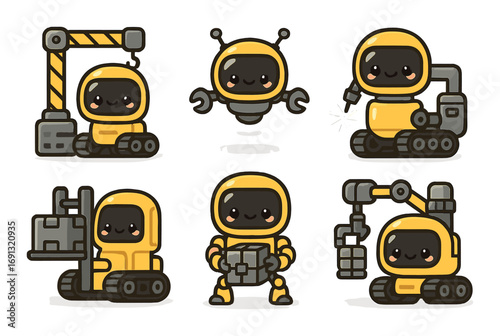 Robotics flat icon set. featuring construction bot, crane bot, drill bot, assembly bot, and helper bot.
