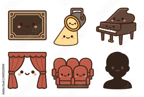 Theater silhouette icon set. featuring stage, spotlight, piano, curtains, seats, and portrait symbols.