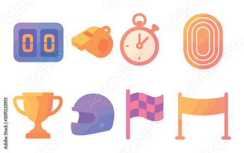 Sports equipment flat icon set. featuring scoreboard, whistle, stopwatch, track, trophy, helmet, flag, finish line.