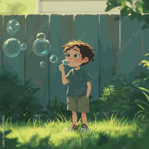 A young boy blowing bubbles on a sunny day in a backyard garden. The boy is happily engaged in play with several bubbles floating in the air