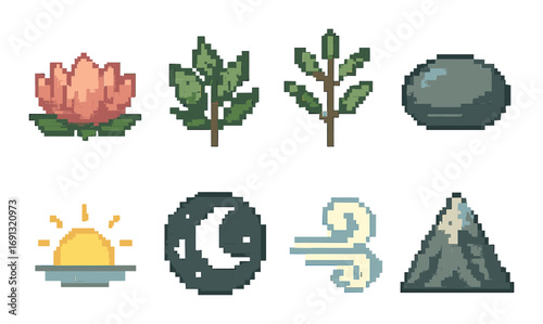 Nature elements pixel art icons set. featuring lotus, plant, rock, sun, moon, wind, mountain symbols.