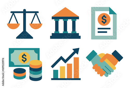 Finance flat icons set. featuring scales, bank, document, currency, graph, handshake.