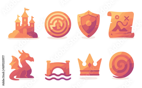 Fantasy adventure flat icon set. featuring castle, maze, shield, treasure map, dragon, bridge, crown, spiral.