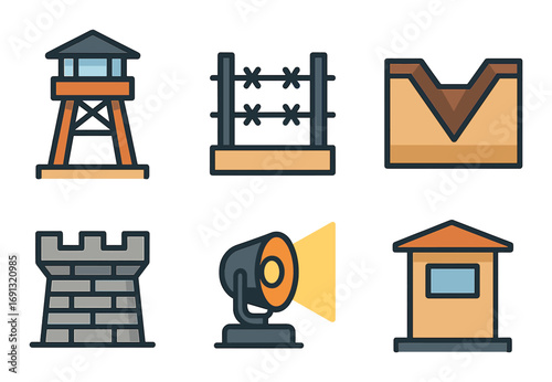 Military camp flat icon set. featuring watchtower, fencing, trench, fortress, spotlight, and barrack symbols.