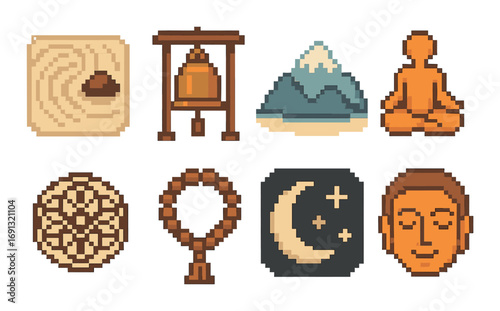 Zen buddhism pixel icon set. featuring garden, gong, mountain, meditation, mandala, mala, moon, and monk symbols.