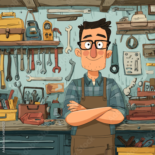 A craftsman standing proudly in his workshop, tools neatly organized in the background. The artisan is surrounded by instruments of his trade and is wearing a confident expression