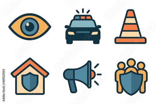 Safety and security flat icon set. featuring eye, police car, cone, house, megaphone, and group symbols.