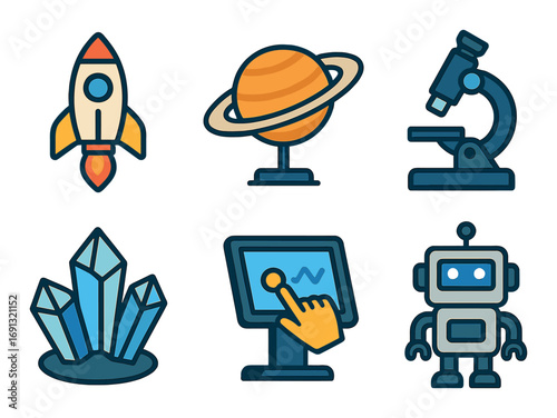 Space and science flat icon set. featuring rocket, planet, microscope, crystals, touchscreen, robot.
