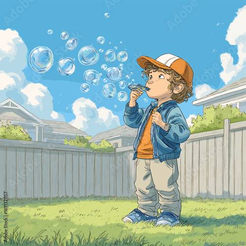 A Little Boy Blowing Bubbles in a Backyard. A cheerful scene of a child enjoying a sunny day, blowing soap bubbles in their backyard