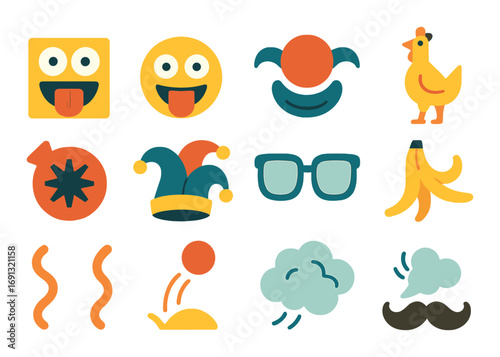 Party fun flat icon set. featuring emoji, clown, chicken, glasses, banana, sun, cloud, mustache, noodles..