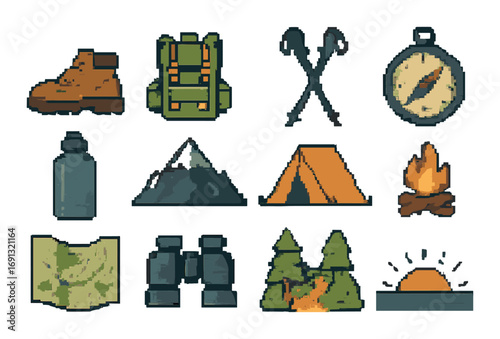 Camping adventure flat icon set. featuring boot, backpack, compass, water bottle, mountain, tent, campfire, map, binoculars, forest, sunset..