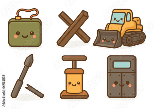 Construction equipment flat icon set. featuring lunchbox, planks, bulldozer, hammer, pump, and riot shield.