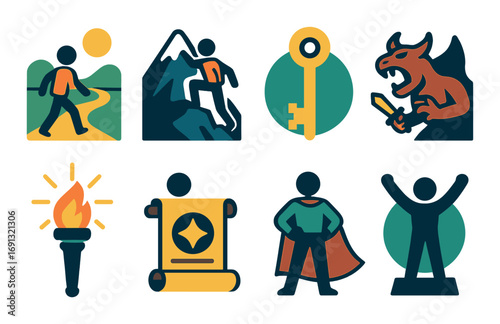Adventure silhouette icon set. featuring hiking, climbing, key, dragon, torch, scroll, hero, victory.