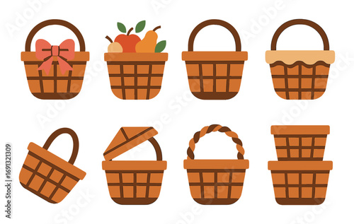 Basket flat icon set. featuring gift, apples, empty, pie, tilted, closed cover, braided handle, stacked baskets.