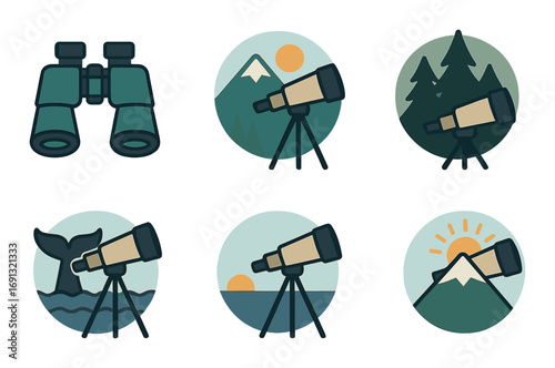 Nature exploration flat icon set. featuring binoculars, telescope, mountain, forest, whale tail, sunset symbols.
