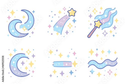 Magic and fantasy flat icons set. featuring moon, shooting star, wand, sparkles, night sky, and waves.