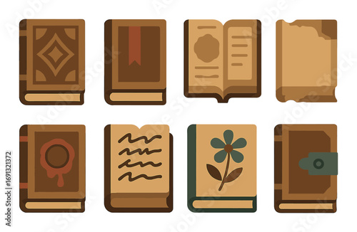 Vintage books flat icon set. featuring closed, open, seal, flower, bookmark, and torn corner book symbols.