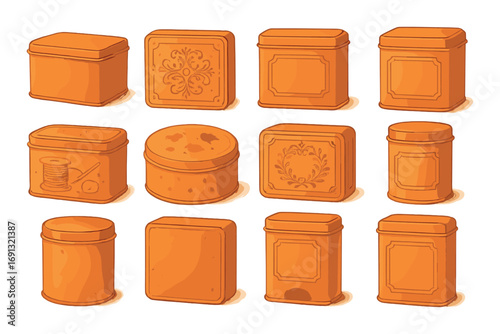 Container silhouette icon set. featuring tin box, cookie jar, storage, lid, and decorative designs.