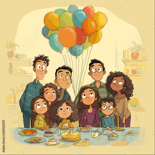 A cheerful family gathering at a table adorned with a cake, balloons, and other party decorations. It's a delightful scene of celebration and togetherness. 