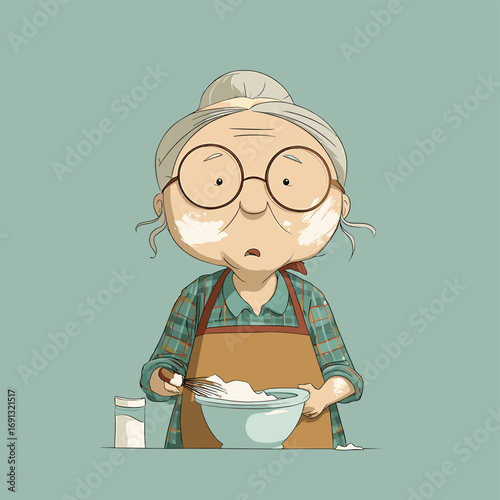 An elderly woman, a baker with flour on her face, is baking with a worried look, stirring ingredients in a bowl.