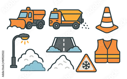 Winter maintenance flat icons set. featuring snowplow, gritter, cone, streetlight, snowpile, road, warning sign, vest.