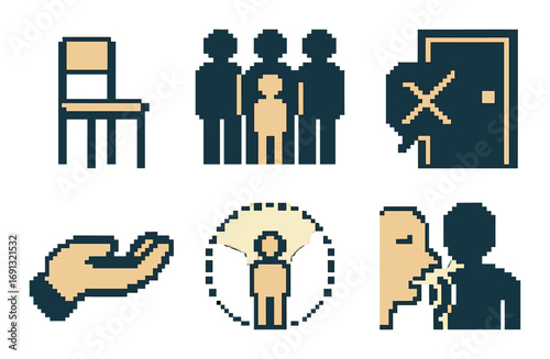 Family and relationships silhouette icon set. featuring chair, family, door, support, spotlight, and conversation symbols.