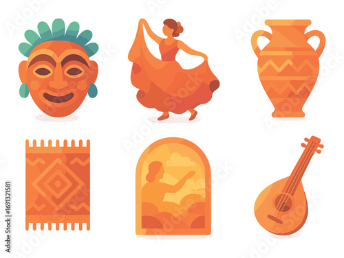 Cultural heritage flat icon set. featuring mask, dancer, vase, rug, window view, and lute symbols.