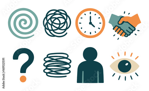 Conflict resolution silhouette icon set. featuring spiral, handshake, clock, question mark, eye, person symbols.
