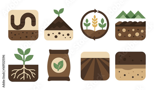 Gardening flat icon set. featuring worm, seedling, cycle, mountain, roots, fertilizer, soil, field symbols.