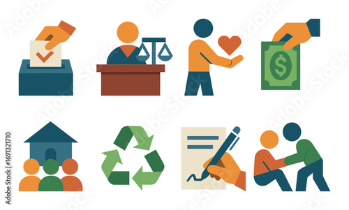 Civic engagement flat icon set. featuring voting, justice, donation, funding, community, and recycling symbols.