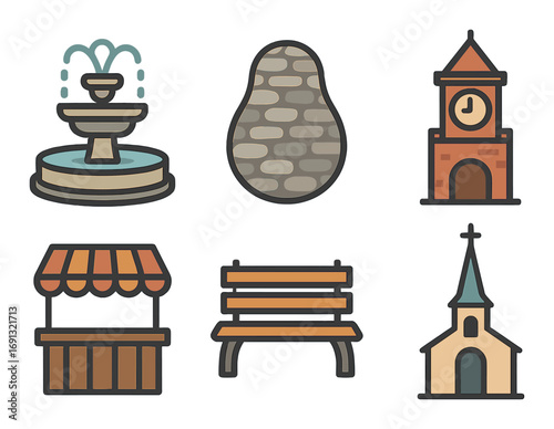 Urban landscape flat icon set. featuring fountain, pathway, clock tower, market stall, bench, and church.